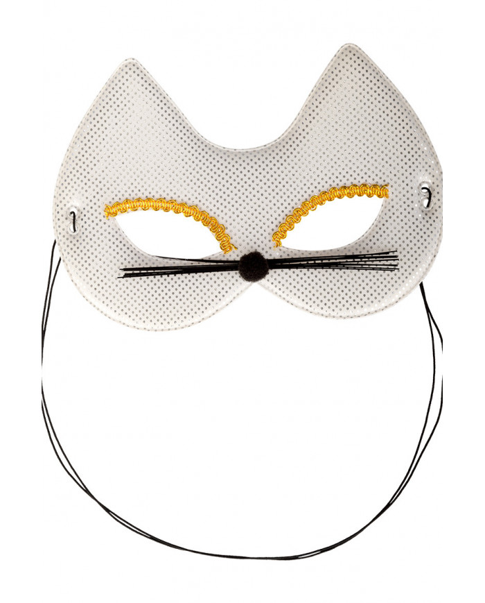 Chinless kitten mask in white metallic fabric, decorated with