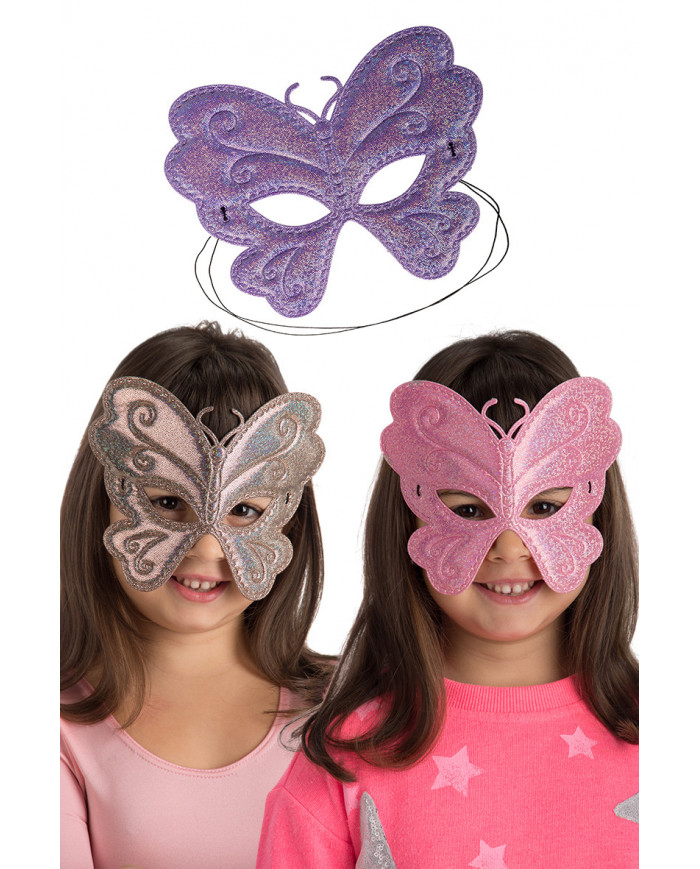 Chinless butterfly masks in metallic fabric in assorted colors.