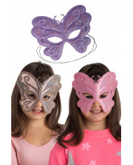 Chinless butterfly masks in metallic fabric in assorted colors.