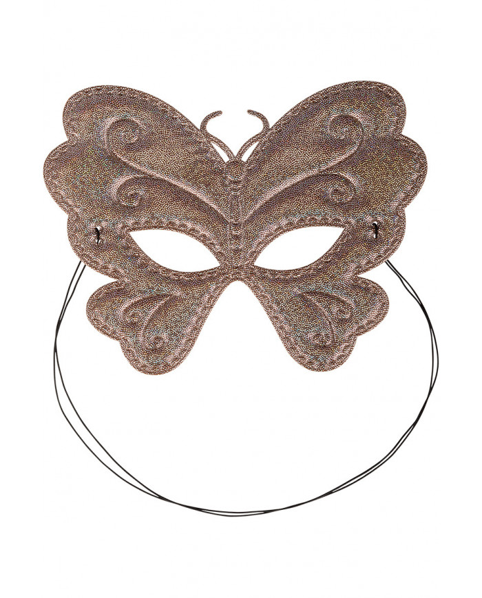 Chinless butterfly masks in metallic fabric in assorted colors.
