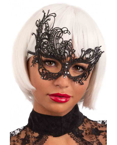 Black mask in macram? fabric decorated with rhinestones.