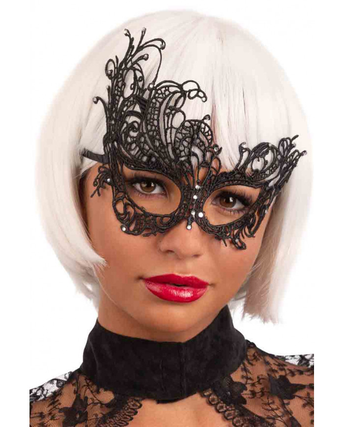 Black mask in macram? fabric decorated with rhinestones.