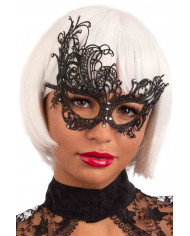 Black mask in macram? fabric decorated with rhinestones.