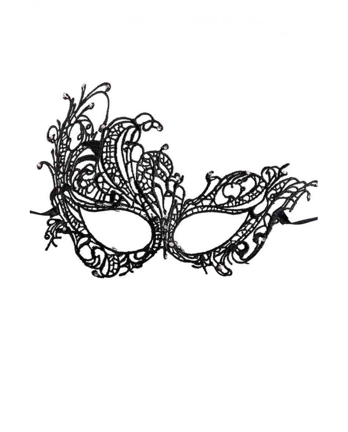 Black mask in macram? fabric decorated with rhinestones.