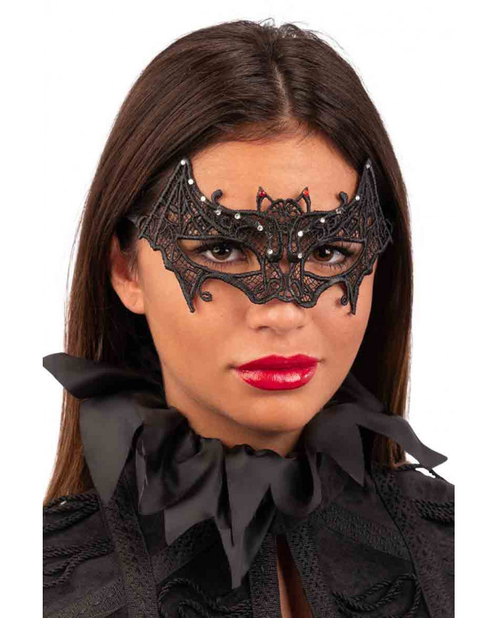 Black bat-shaped mask, made of macram? fabric and decorated