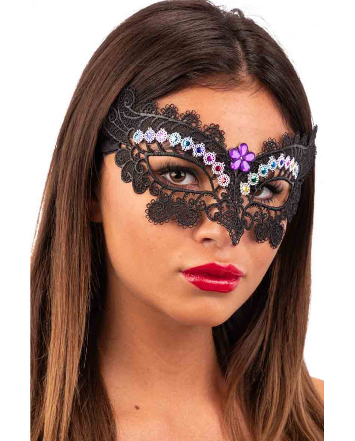 Black mask in macram? fabric decorated with colored rhinestones