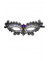 Black mask in macram? fabric decorated with colored rhinestones
