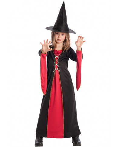 Black and red witch costume for kid with stretchy dress and hat.