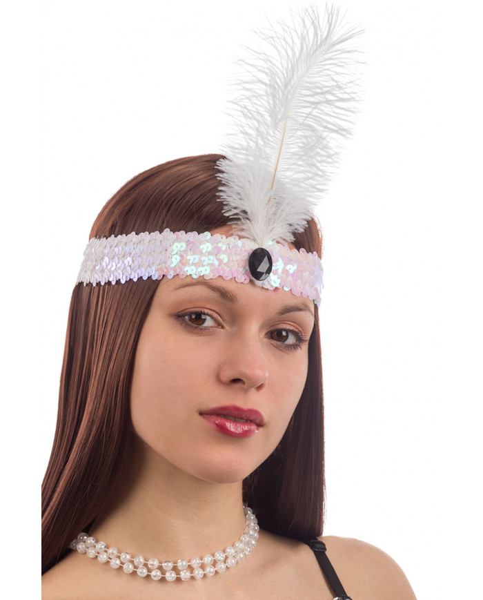 White elastic band with sequins and feather, for a dip in the