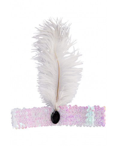 White elastic band with sequins and feather, for a dip in the