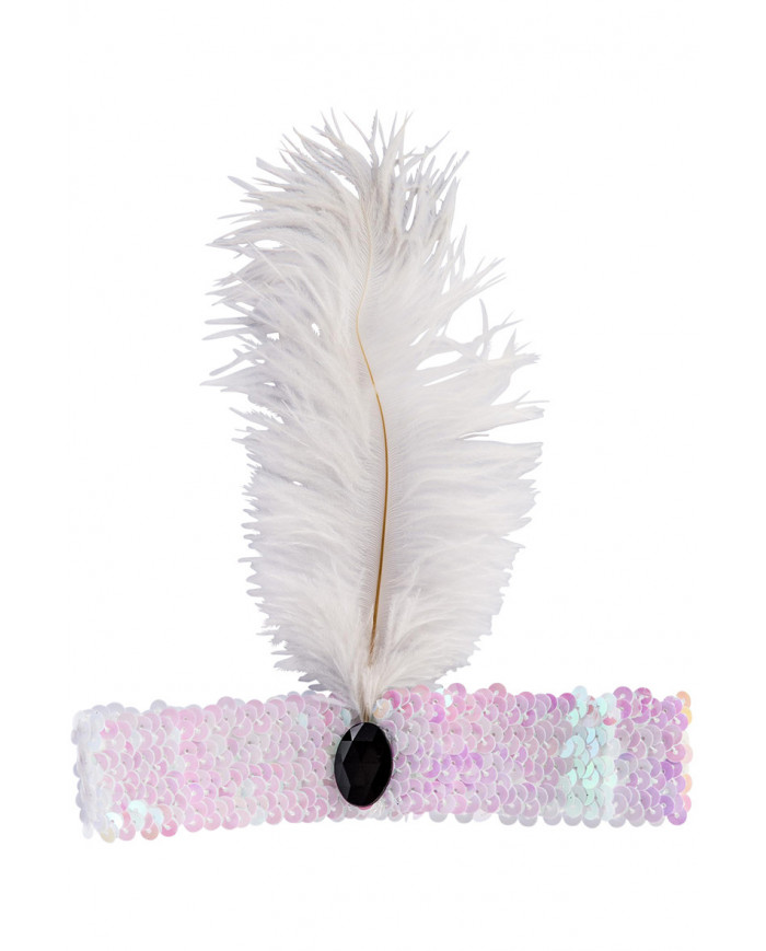 White elastic band with sequins and feather, for a dip in the
