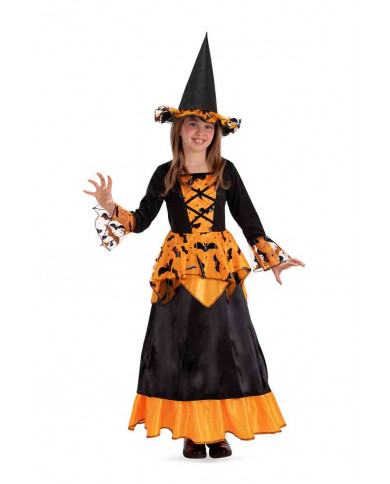 Witch costume for kid composed of satin dress with hat and wire