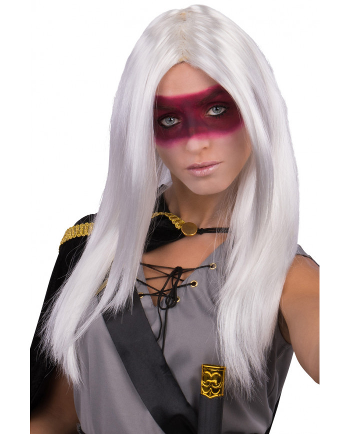 Parrucca donna bianca con lunghi capelli lisci e riga centrale.