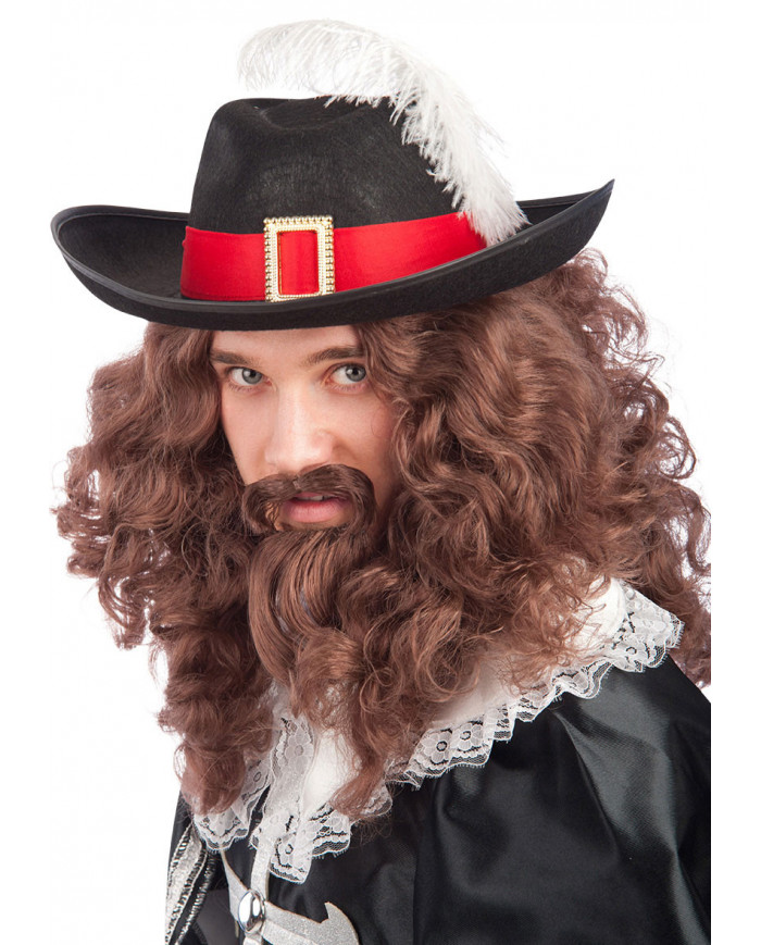 Peluca mosquetero con encaje y bigote en estuche