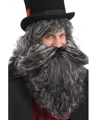 Parrucca uomo lunga con barba in colore grigio brizzolato.