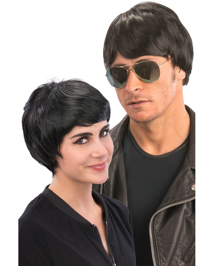 Short black wig with fringe, lends itself to the most varied