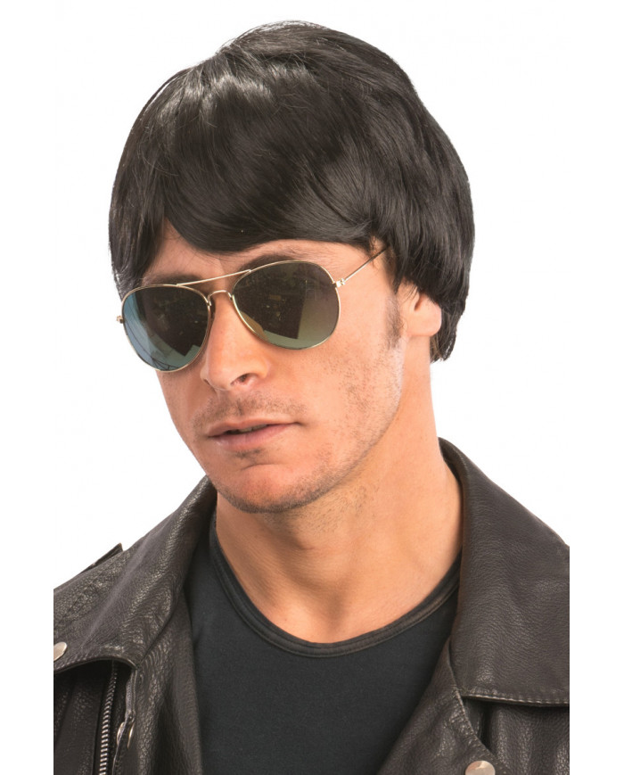 Short black wig with fringe, lends itself to the most varied