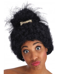 Parrucca nera riccia corta con osso. Realizzata in fibre