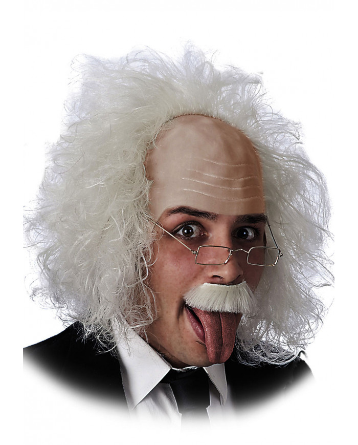 Einstein-PerÃ¼cke mit Haube aus Latex, Brille und Schnurrbart in