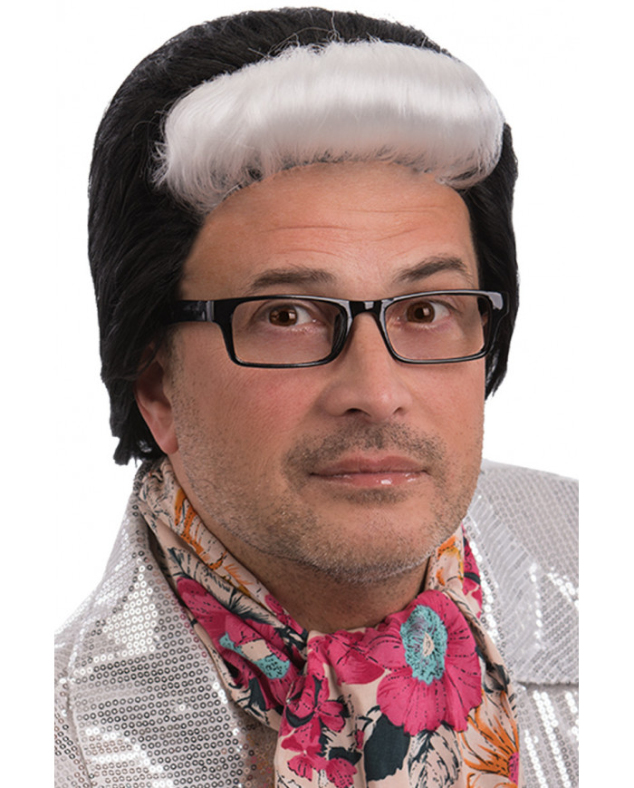 Black wig with white tuft for man, for an extravagant look or