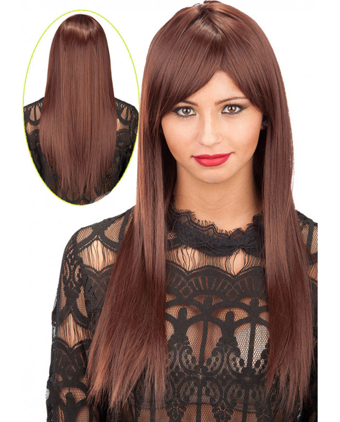 Straight Long Brown Wig With Fringe In Pvc Box