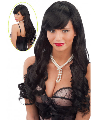 Wavy Black Wig W/Fringe In Pvc Box