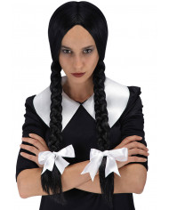 Parrucca nera liscia con riga centrale e trecce con nastri