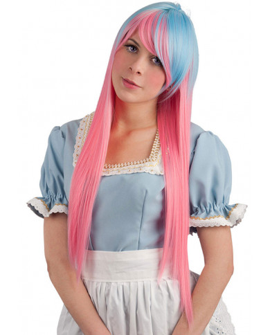 Straight Pink And Blue Extra Long Wig W/Fringe In Pvc Box