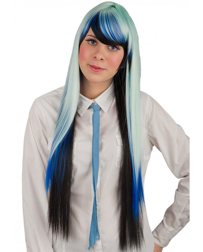 Straight Black, White And Blue Extra Long Wig W/Fringe In Pvc Box