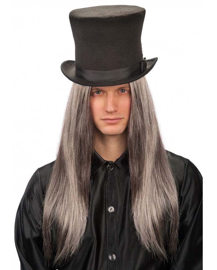 Parrucca grigia lunga liscia con riga centrale. Realizzata in