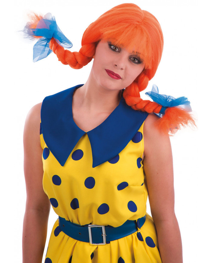 Parrucca arancione con due grosse trecce, ispirata a Pippi