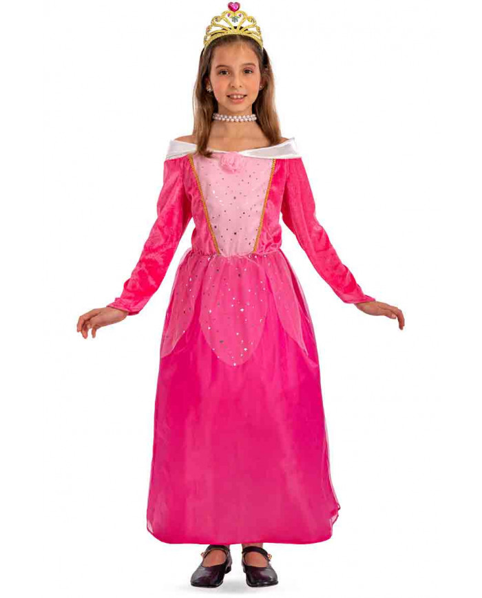 Pink princess costume for kid composed of chenille, satin and
