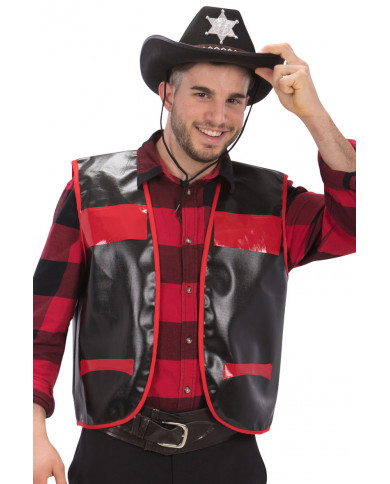 Black fake leather cow-boy waistcoat with red decorations