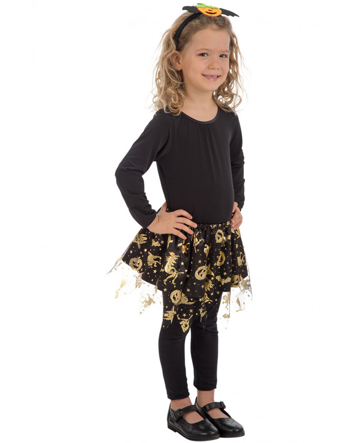 Skirt in black veil with golden prints of Halloween subjects
