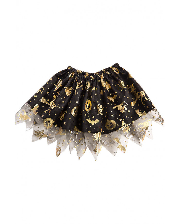 Skirt in black veil with golden prints of Halloween subjects