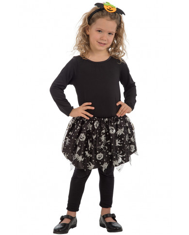 Skirt in black veil with silver prints of Halloween subjects