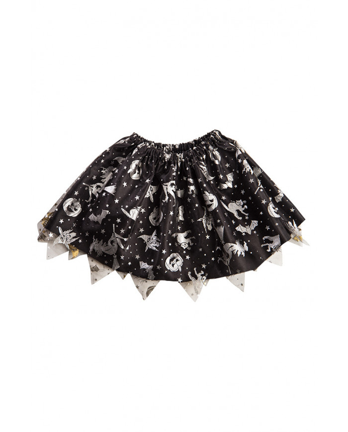 Skirt in black veil with silver prints of Halloween subjects