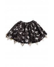 Skirt in black veil with silver prints of Halloween subjects
