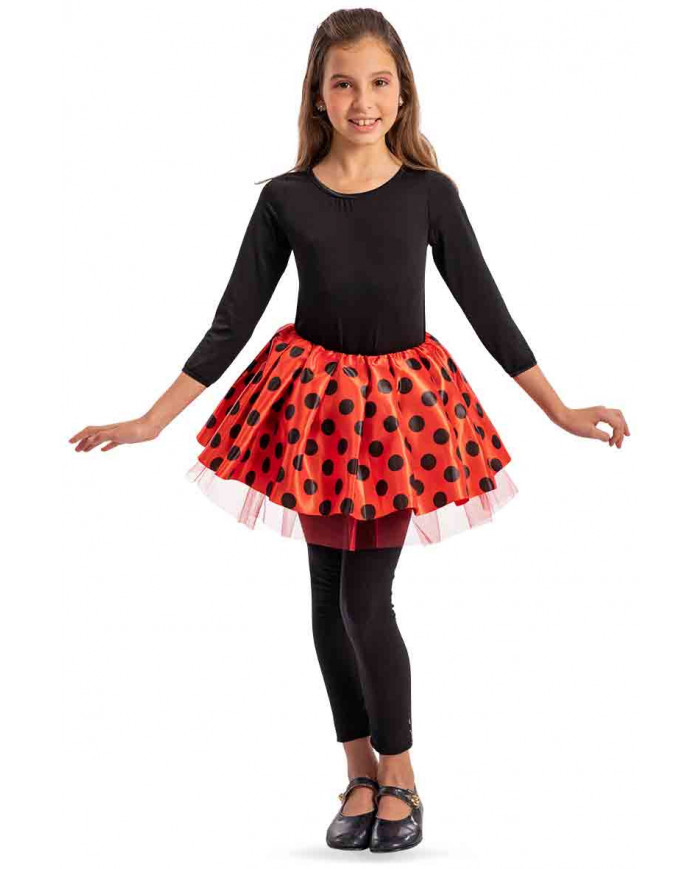 Red tutu skirt with black polka dots in fabric and veil, long