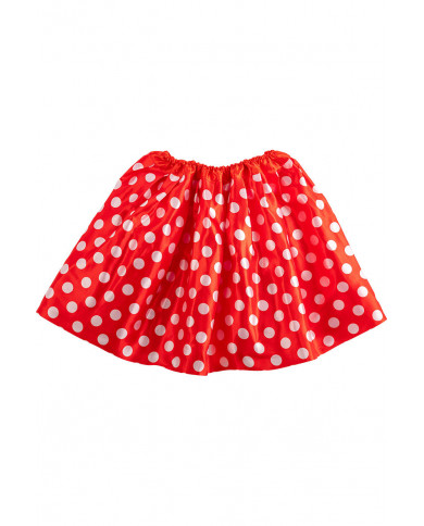 Skirt for kid in red fabric with white polka dots 30 cm long.