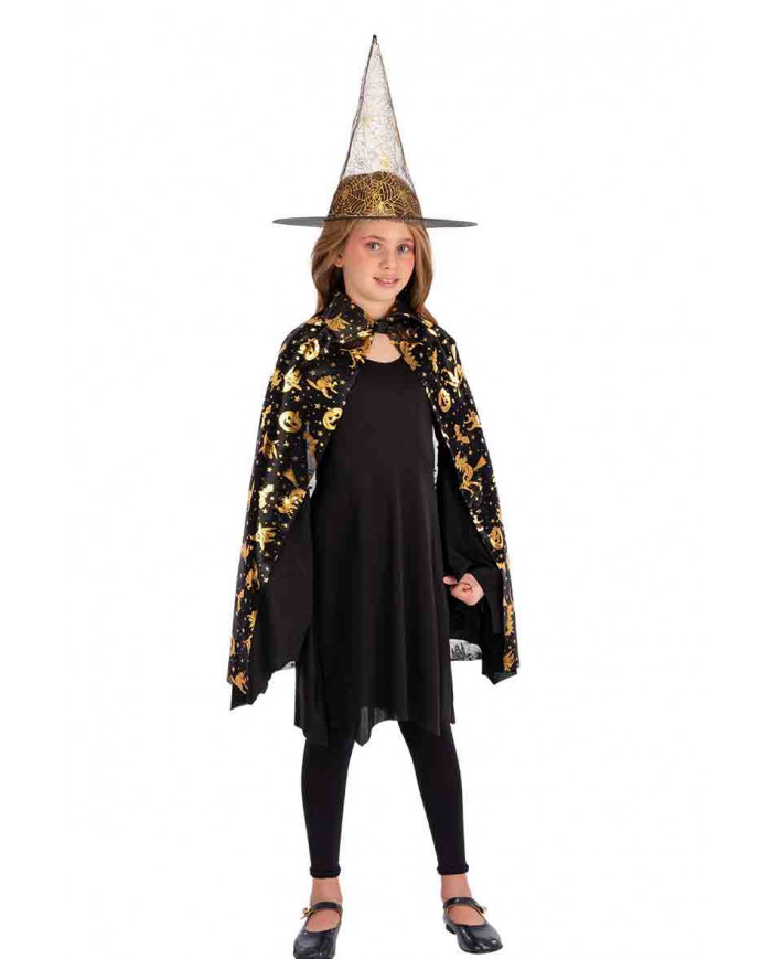 Witch set that includes a black fabric cape long cm.80 and hat