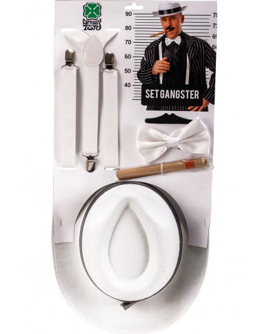 Mafia set consisting of hat, bow tie, suspenders, cigar and