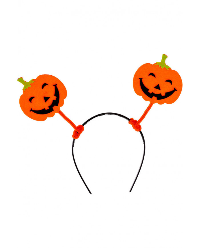 Headband with orange antennas with two smiling pumpkins in felt