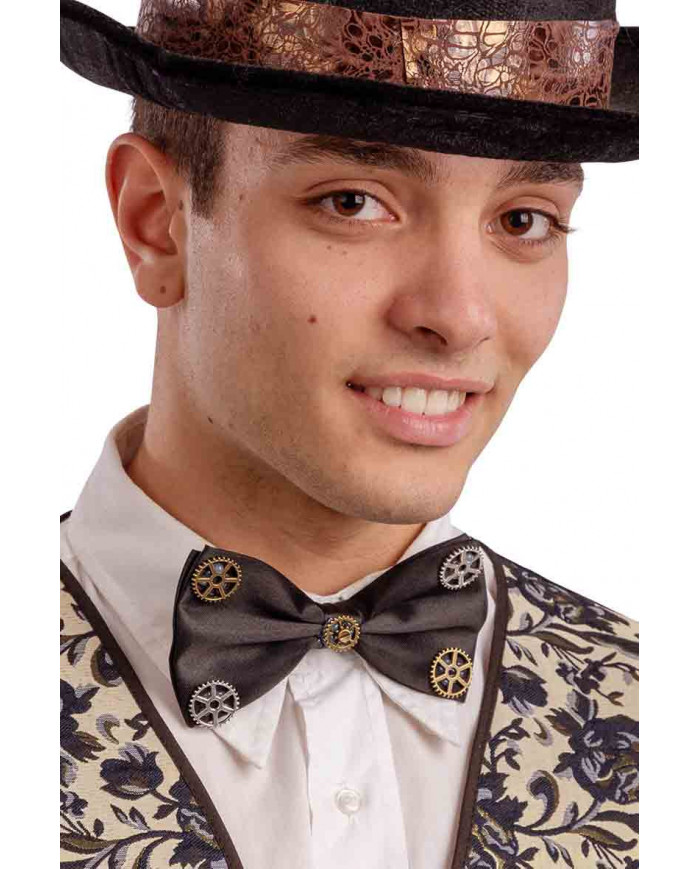 Beautiful black satin bow-tie decorated with gold and silver