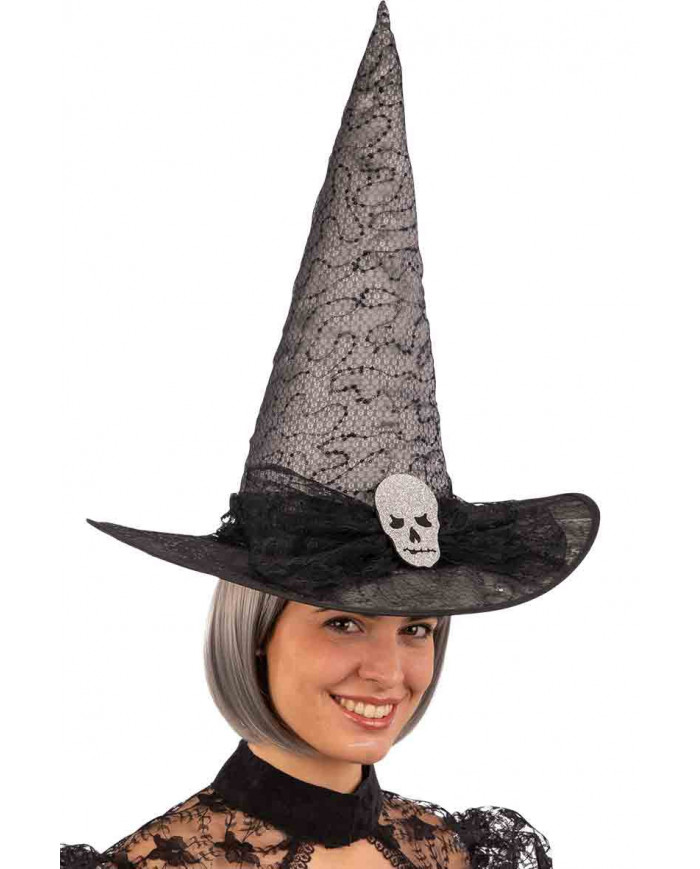 Grey witch hat with black veil bow and skull applied in the