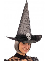 Grey witch hat with black veil bow and skull applied in the
