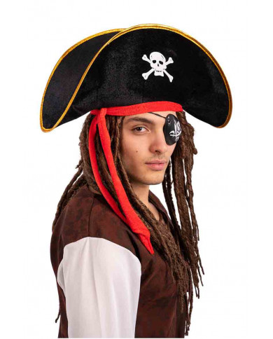 Cappello da pirata in vellutino nero decorato con bordo oro