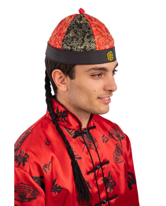 Chinese hat in red and black fabric with typical golden