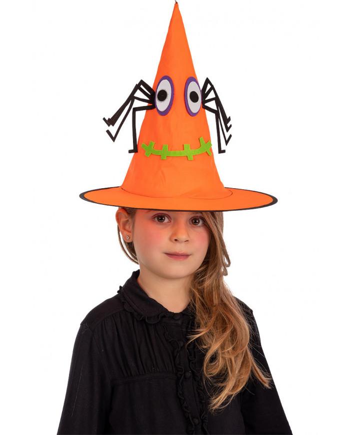Orange witch hat in plastic fabric for children with spider