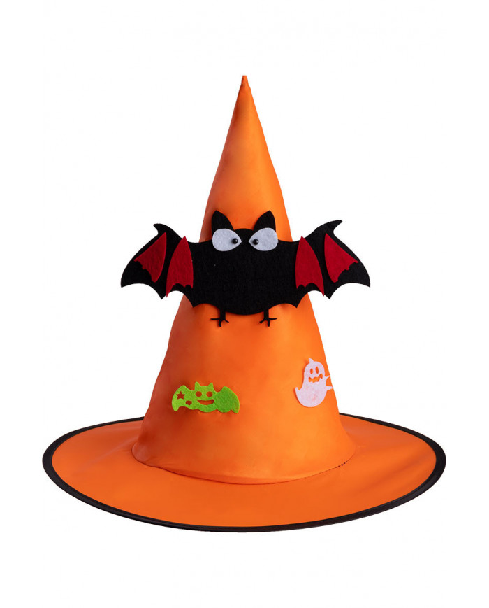 Orange witch hat in plastic fabric for children with bat